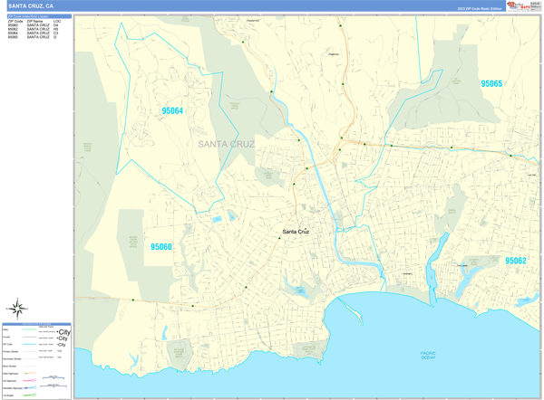 Santa Cruz City Wall Map Basic Style